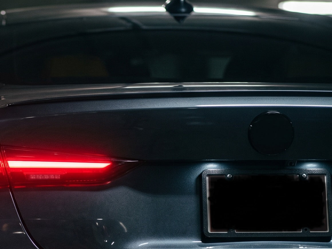 The emblem lit on the boot of a dark coupe at night